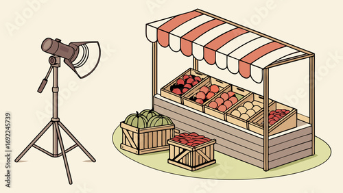 Isometric Illustration of Fruit Stand with Lighting Setup for Photography or Design Project.