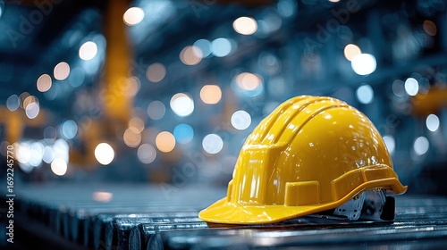 Yellow Hard Hat on Metal Surface with Bokeh Lights in Background