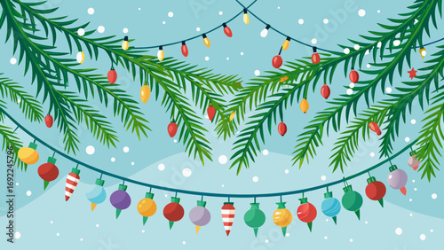 Vector art of christmas background with fir branches, colorful baubles and fairy light garland