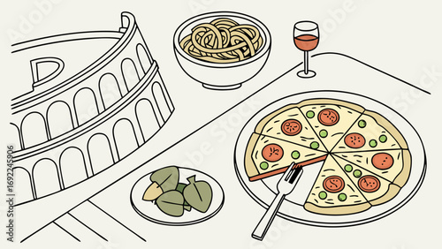 Italian Food Pizza Pasta Wine Restaurant Illustration Menu Design Culinary Art Delicious Meal Simple Line Art Classic Dishes Mediterranean Cuisine Food Design Table Setting Graphic I.