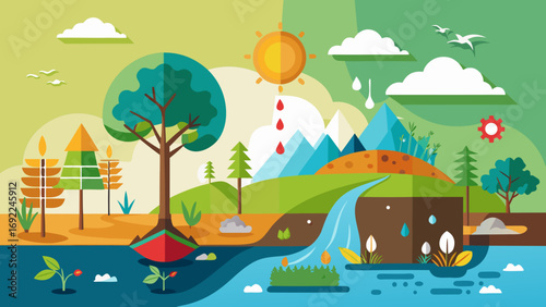 Vector art of cartoon earth with trees and sun for environment concept and climate change