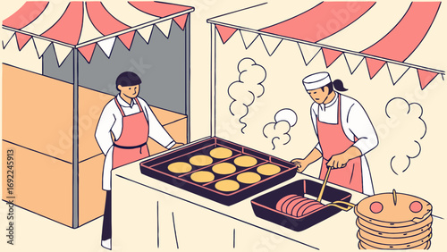Food stall cooking pancakes street food market chefs vendor illustration isometric flat design cartoon bakery cooking food breakfast lunch dinner food preparation food service r.