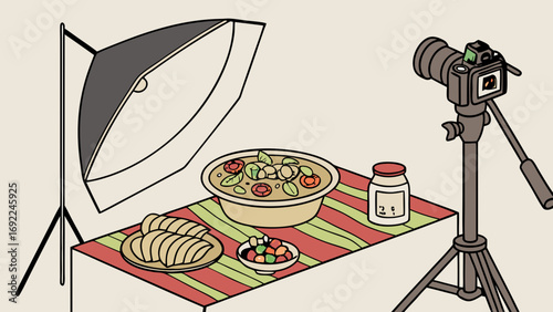 Food Photography Studio Setup DSLR Camera Lighting and Delicious Dishes on Table.