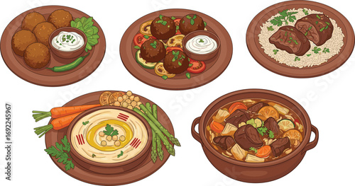 Traditional Middle Eastern Cuisine with Falafel, Hummus, Meat Stew, and Rice – Top View Vector Illustration of Cultural Food Dishes