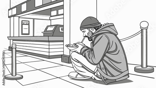 Man sitting outdoors eating from a bowl grayscale illustration.