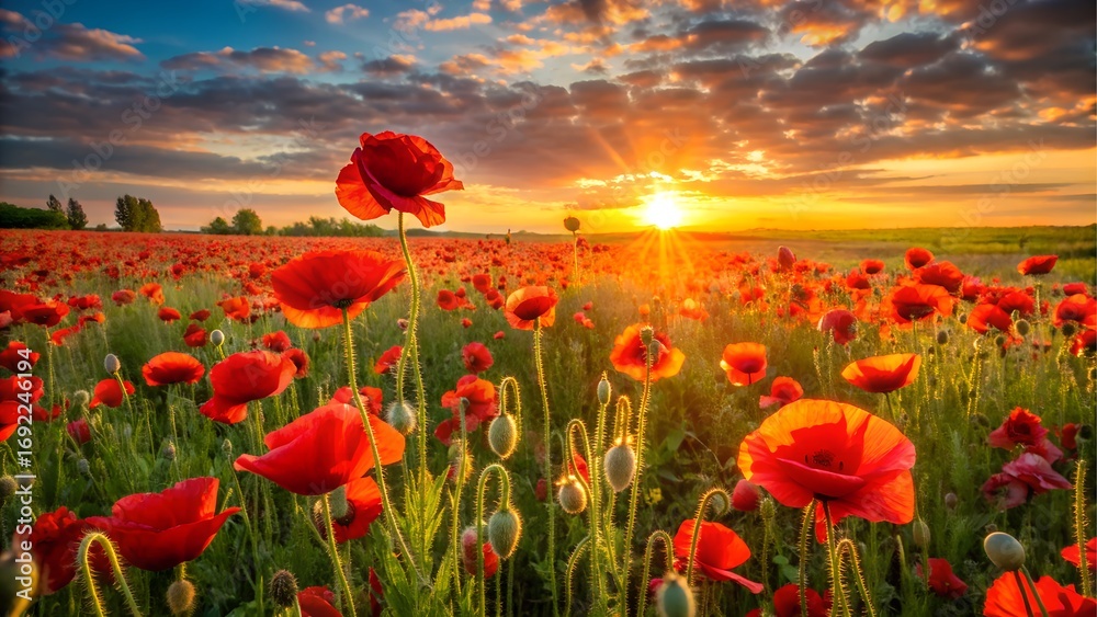 Fototapeta premium Field of red poppies at sunset with sun rays