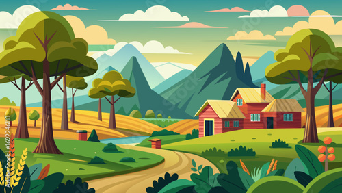 Vector art of idyllic rural landscape with farmhouses, trees, mountains, and winding road