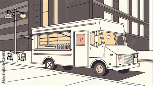 Food truck on city street urban cafe street food vendor mobile kitchen catering van takeaway food lunch truck street scene outdoor restaurant urban setting coffee truck small business.