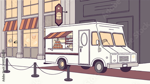 Food Truck on City Street Street Food Vendor Mobile Cafe Illustration.