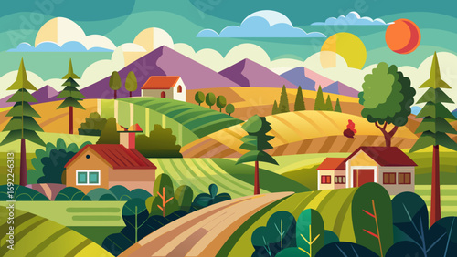 Vector art of picturesque rural landscape with houses, fields and mountains in background