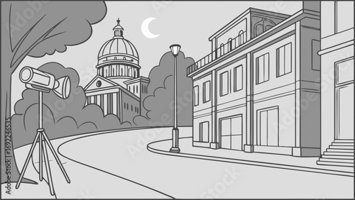 Night scene illustration of a city street with a film lighting setup buildings and a crescent moon.