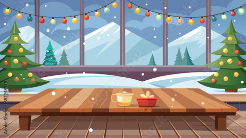Vector art of christmas table with gift and candle in cozy room with winter landscape