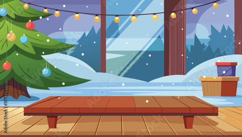 Vector art of christmas table with gift box in cozy room with winter landscape outside view