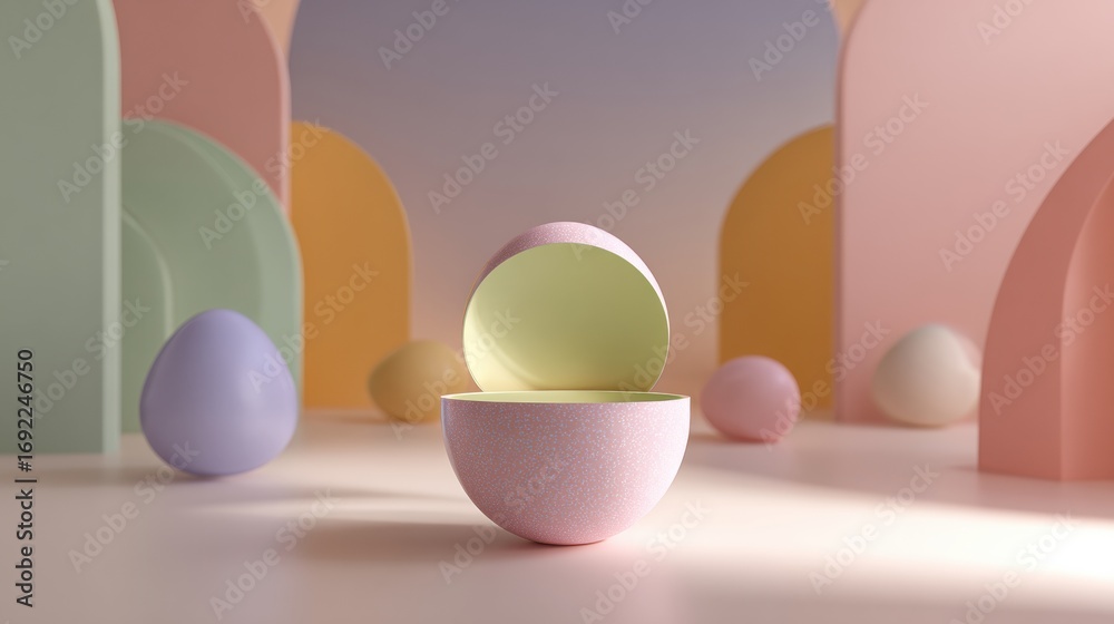 Fototapeta premium Colorful Decorative Eggs Arranged in a Pastel Themed Environment With Subtle Light Effects