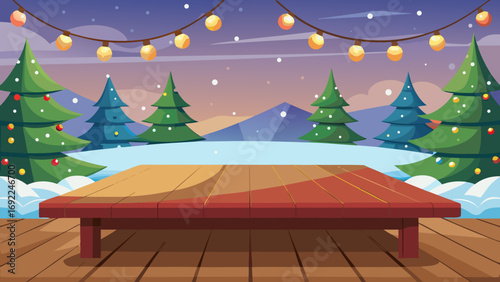 Vector art of christmas background with wooden stage, trees, and string lights at night