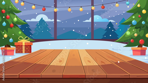 Vector art of christmas background with wooden table, decorated trees and gift box