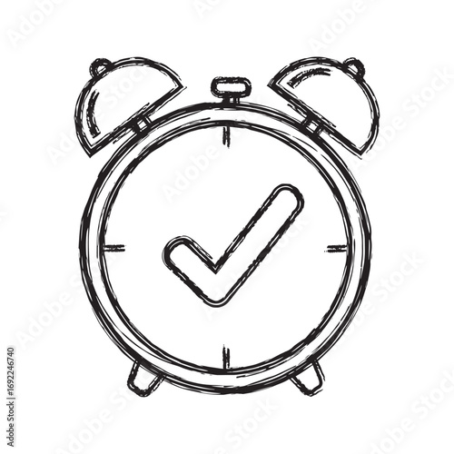 Hand drawn alarm clock icon with check mark, timely completion sketch, deadline approved doodle symbol, vector line art illustration.
