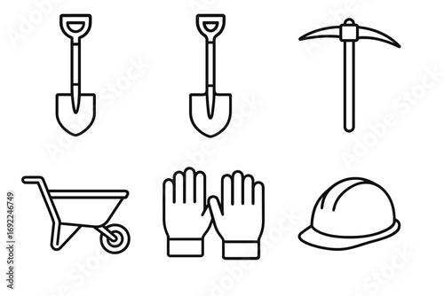Construction tools icons: shovel, pickaxe, wheelbarrow, gloves, safety helmet