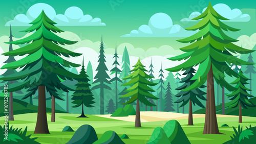 Vector art of cartoon forest landscape with green trees, grass, and blue sky background