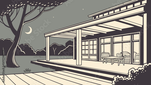 Nighttime view of a house patio with outdoor furniture under a pergola tranquil garden scene at night.