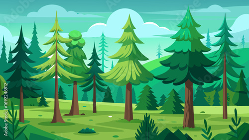 Vector art of cartoon forest landscape with fir and deciduous trees on a green meadow