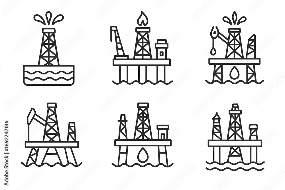 Fototapeta premium Set of six oil rig icons: offshore drilling platforms and extraction illustrations
