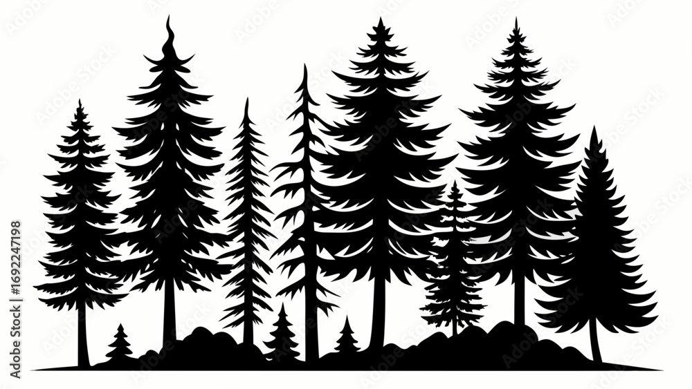 Obraz premium Silhouette of a dense evergreen forest with varied tree heights and rocky ground