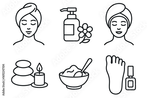 Spa and wellness icons featuring facial masks and pedicure items