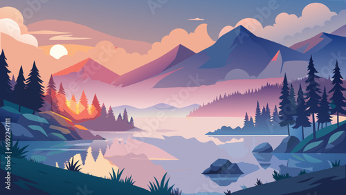 Vector art of scenic landscape with mountains, lake, and forest at sunset or sunrise time