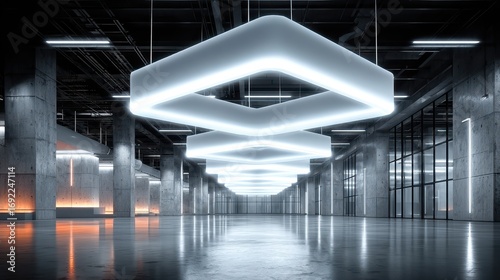 Modern Architecture Interior with Concrete Pillars and Geometric Lighting