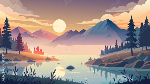 Vector art of beautiful landscape with mountains, lake, and trees at sunset or sunrise