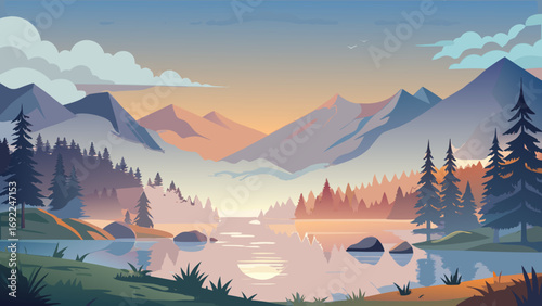 Vector art of peaceful landscape with mountains, lake, and trees at sunset or sunrise time
