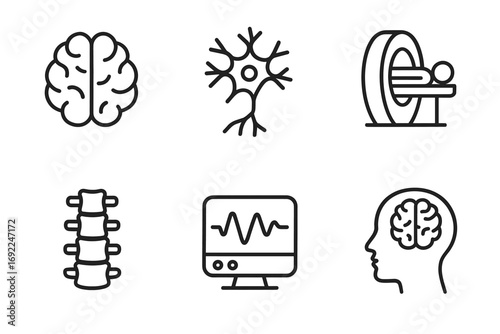 Neuroscience icons set: brain, neuron, mri, spine, eeg, head