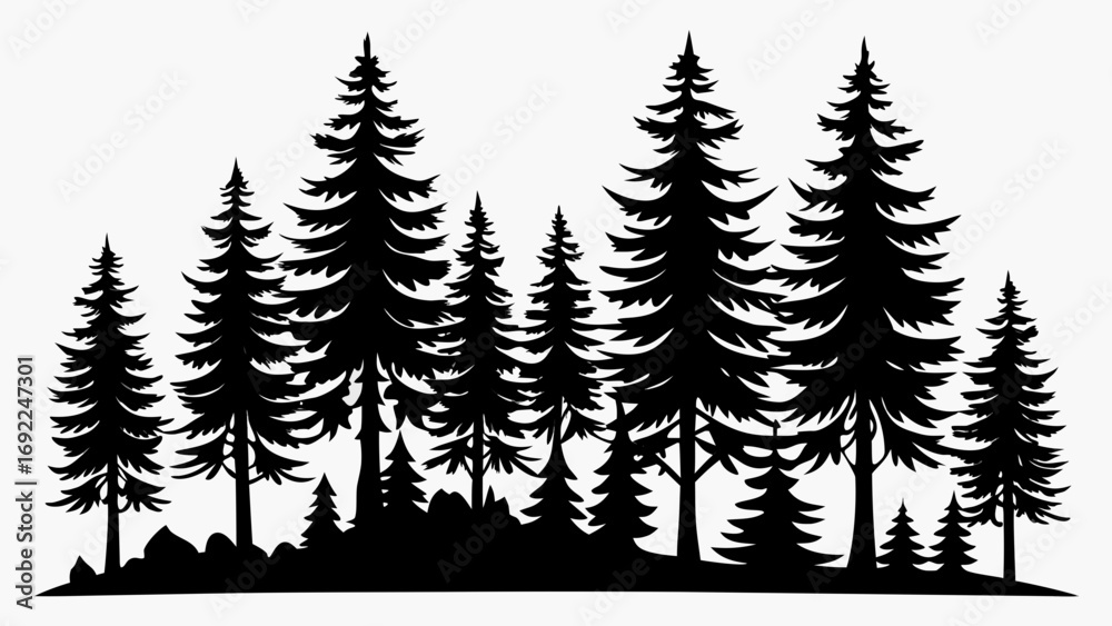 Fototapeta premium Silhouette of a dense forest of pine trees and evergreens against a white background