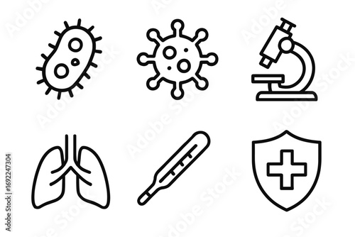 Medical icons: bacteria, virus, microscope, lungs, thermometer, shield symbol
