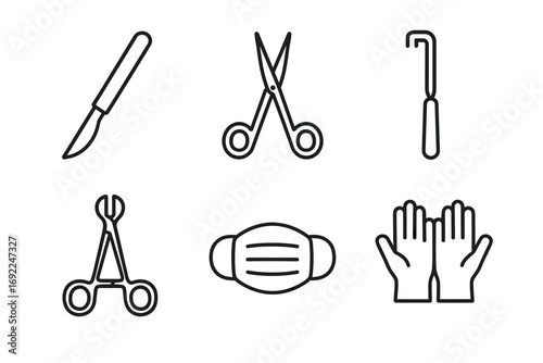 Medical tools icons: scalpel, scissors, mask, gloves, hook, clamp