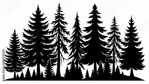 A dense forest of stylized evergreen trees silhouetted against a clean white background