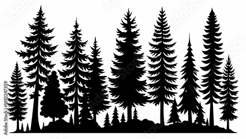 Diverse collection of black silhouette evergreen pine trees against a white background