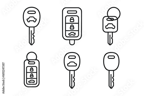 Outline icons of car keys and remote fobs in various designs