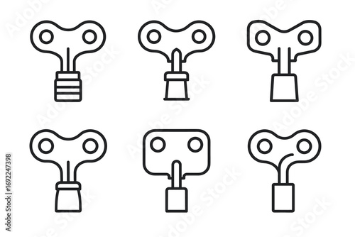 Set of six outline wind-up key icons in various styles and orientations