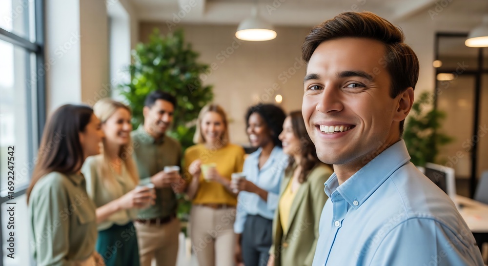 Obraz premium Smiling Team Member in Focus During Warm, Joyful Business Break, Surrounded by Colleagues