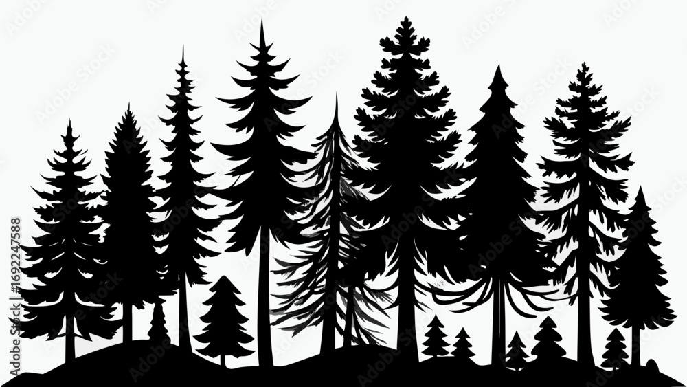 Obraz premium A diverse collection of black evergreen trees silhouetted against a clean white background