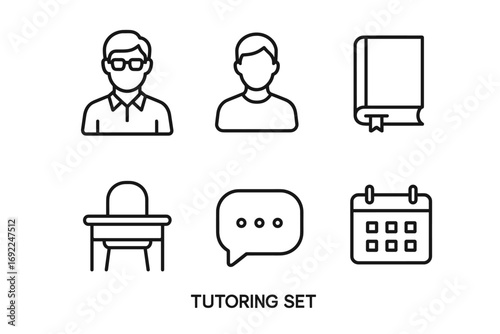 Tutoring icons: male teacher, student, book, desk, speech bubble, calendar