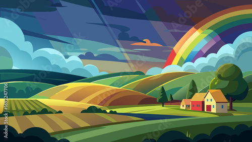 Vibrant stylized landscape with rolling hills farmhouses and a dramatic rainbow after a storm