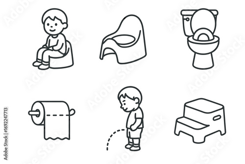 Potty training icons featuring caucasian boy and related items