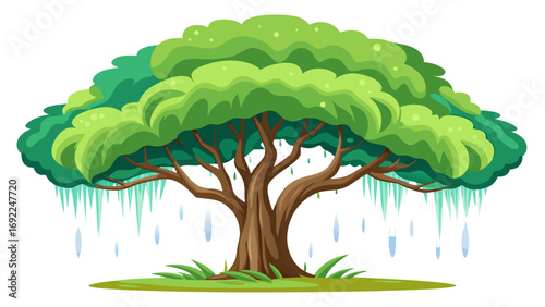 A vibrant cartoon illustration of a large leafy tree with hanging vines and falling raindrops on a grassy patch