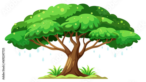 Stylized cartoon illustration of a lush green tree with light blue raindrops falling from its branches