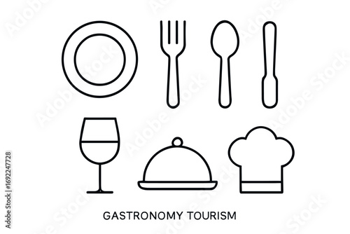 Gastronomy tourism icons set: plate, cutlery, wine glass, cloche, chef hat