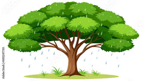 A lush green tree with a thick trunk and branches stands tall in the rain