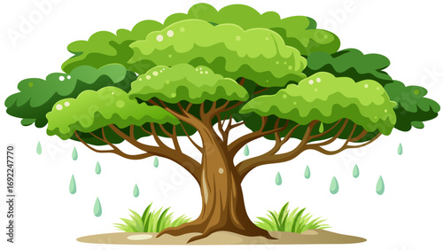 Cartoon illustration of a large green tree with raindrops falling around it on a white background